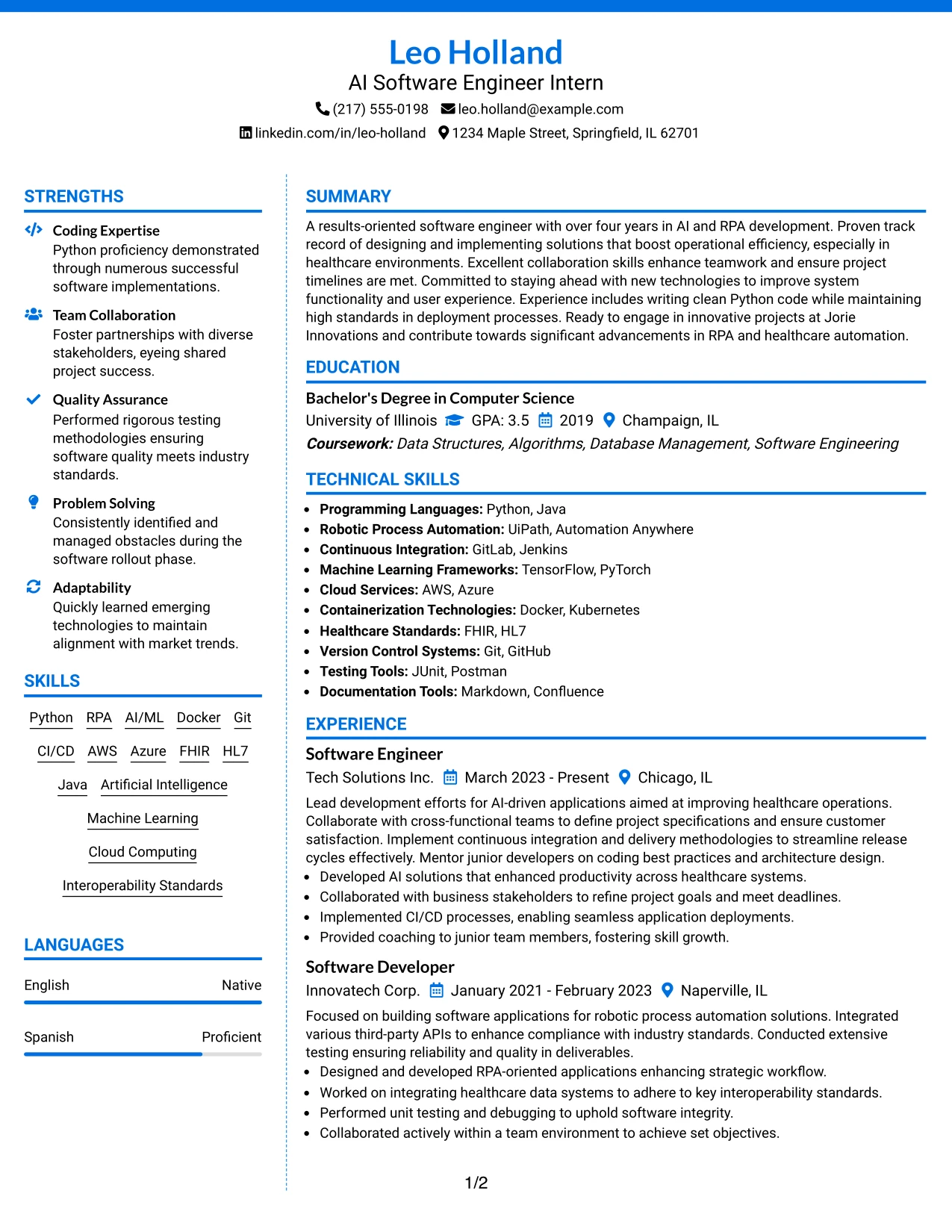 Resume Example Page 1