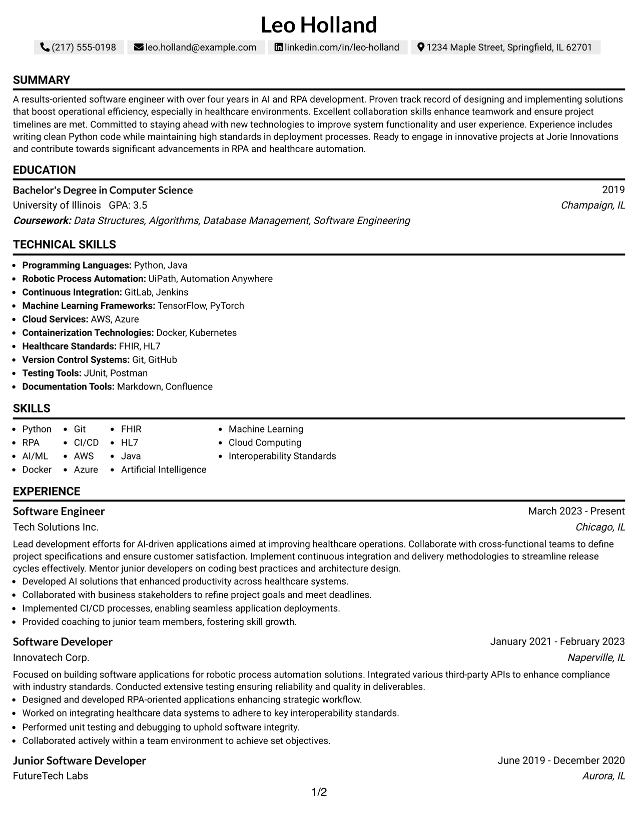 Resume Example Page 1