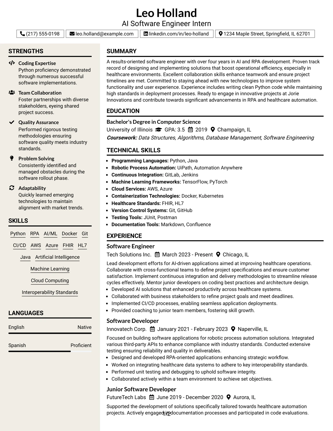 Resume Example Page 1