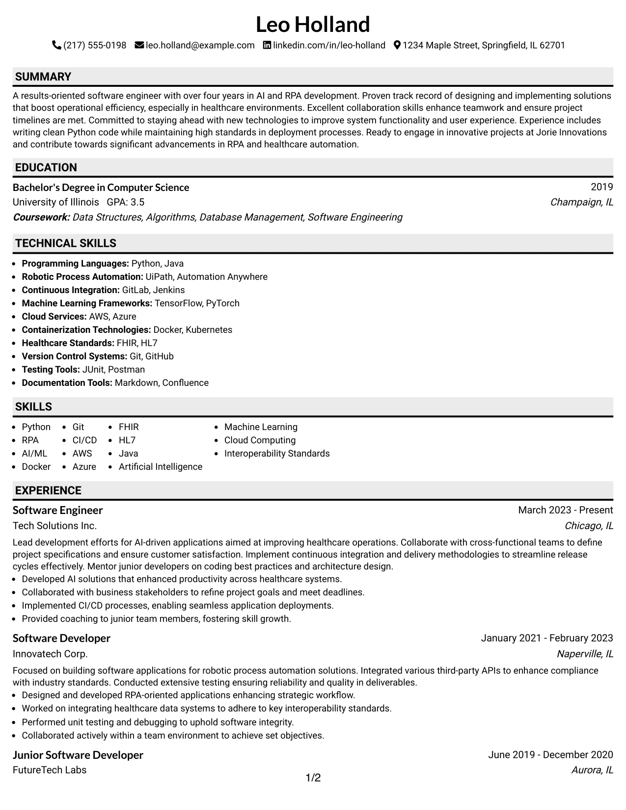 Resume Example Page 1