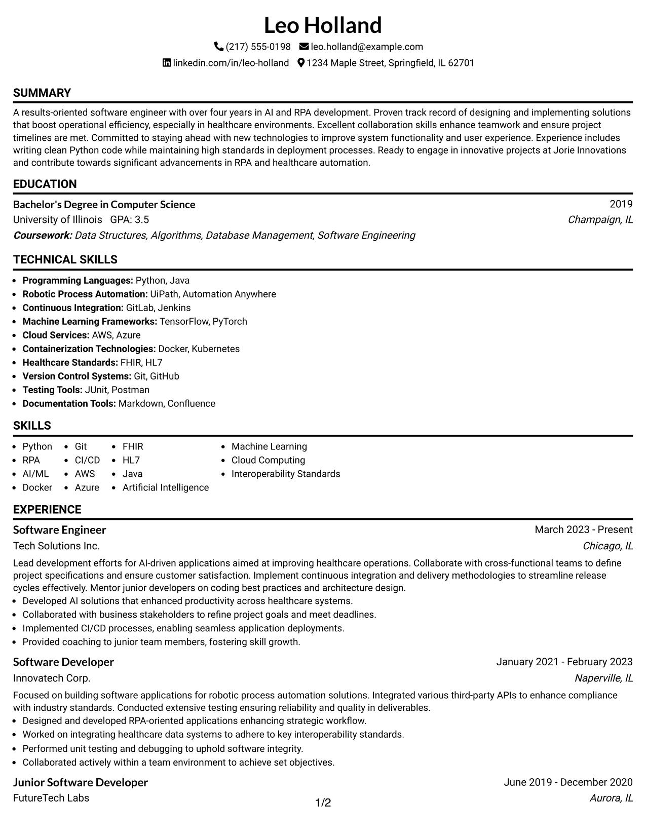Resume Example Page 1