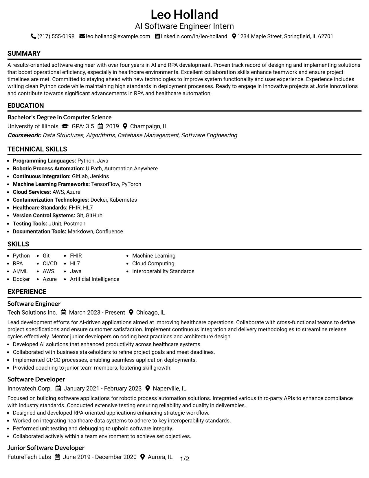 Resume Example Page 1