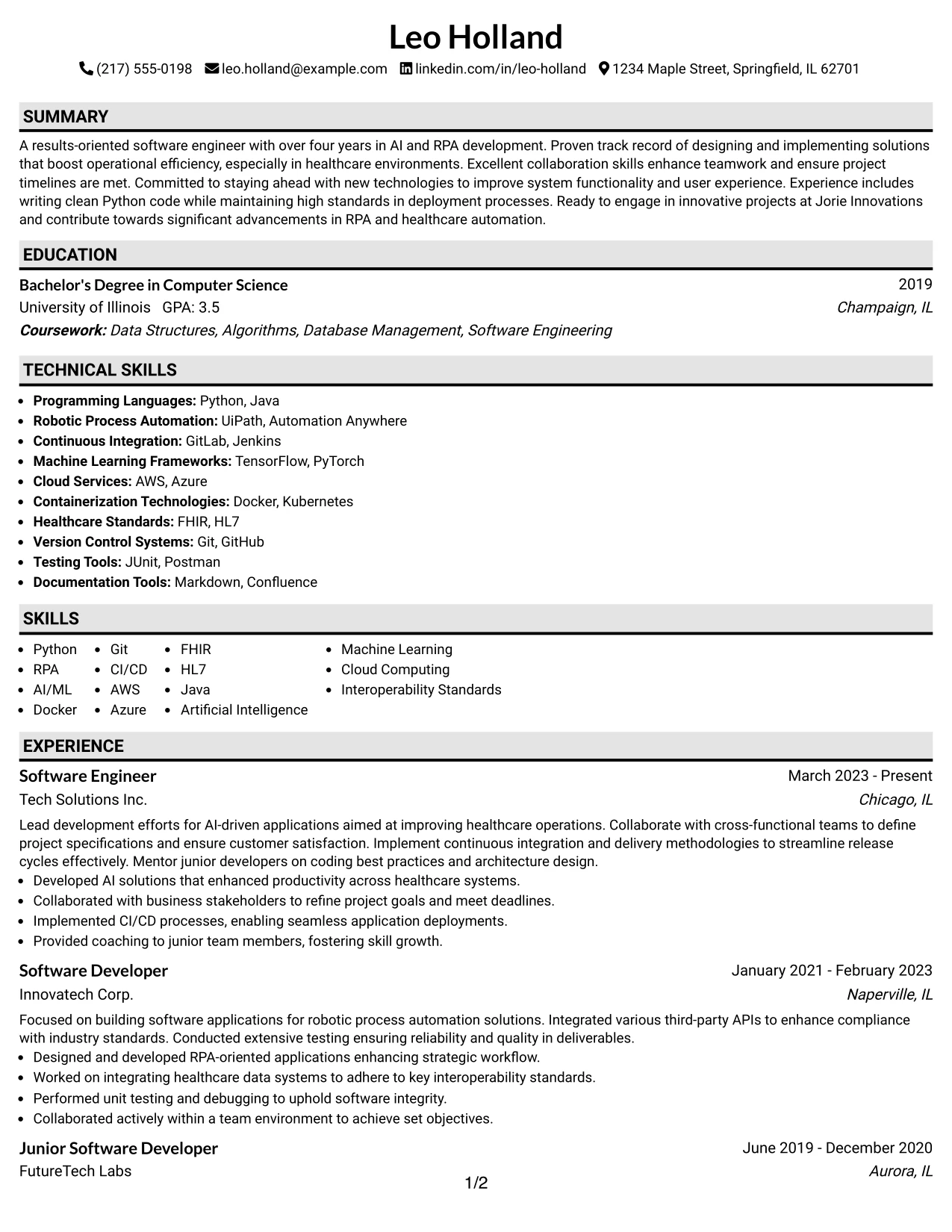 Resume Example Page 1