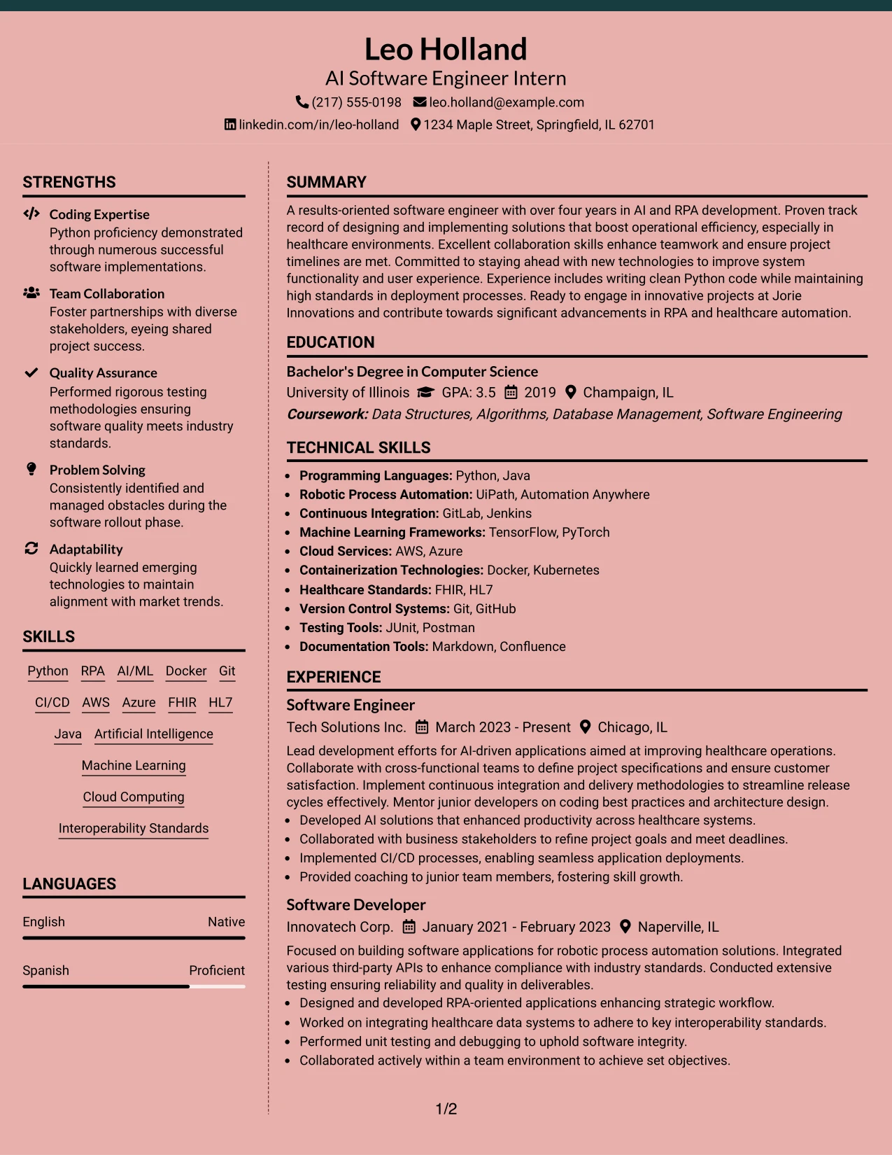 Resume Example Page 1