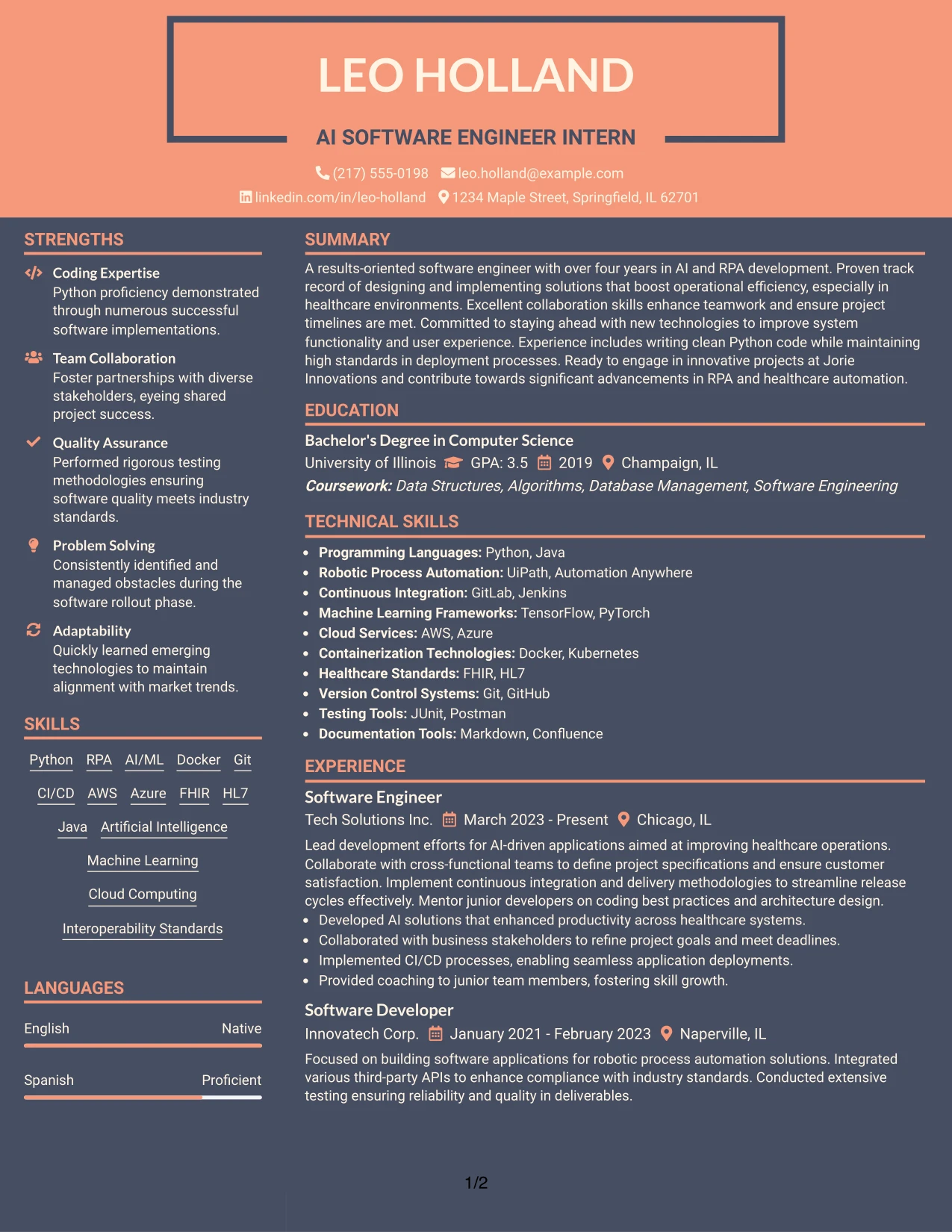 Resume Example Page 1