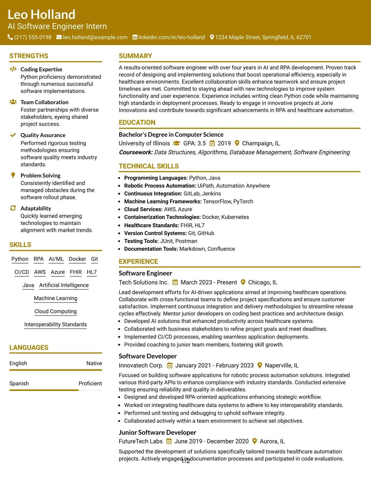 Resume Example Page 1