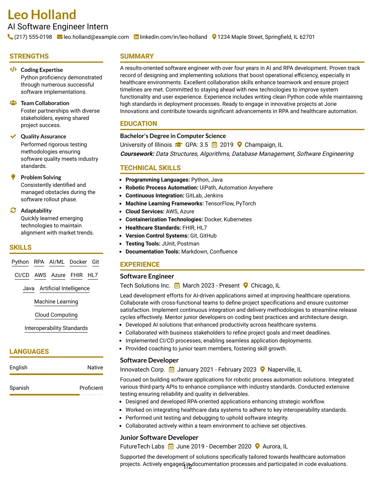 Resume Example Page 1