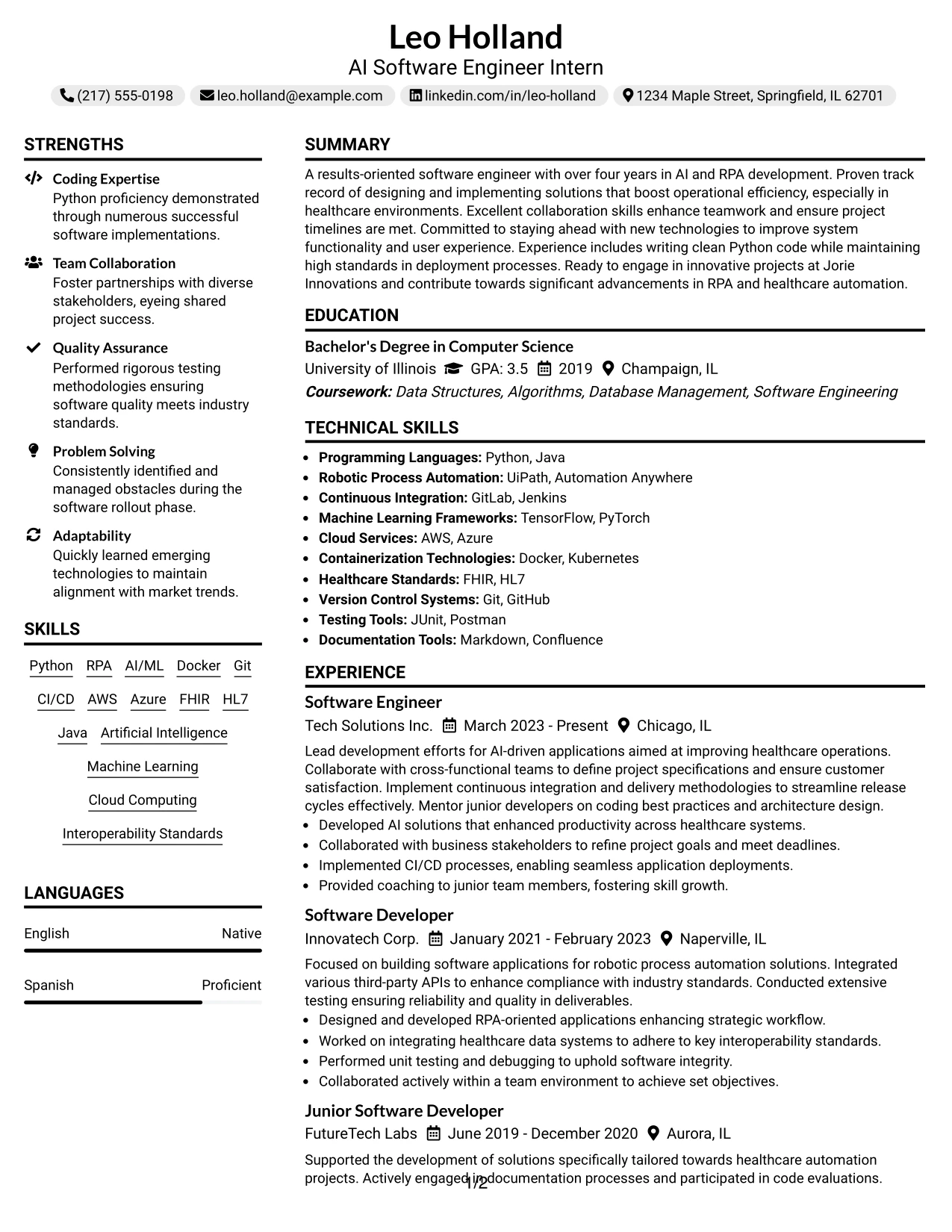 Resume Example Page 1