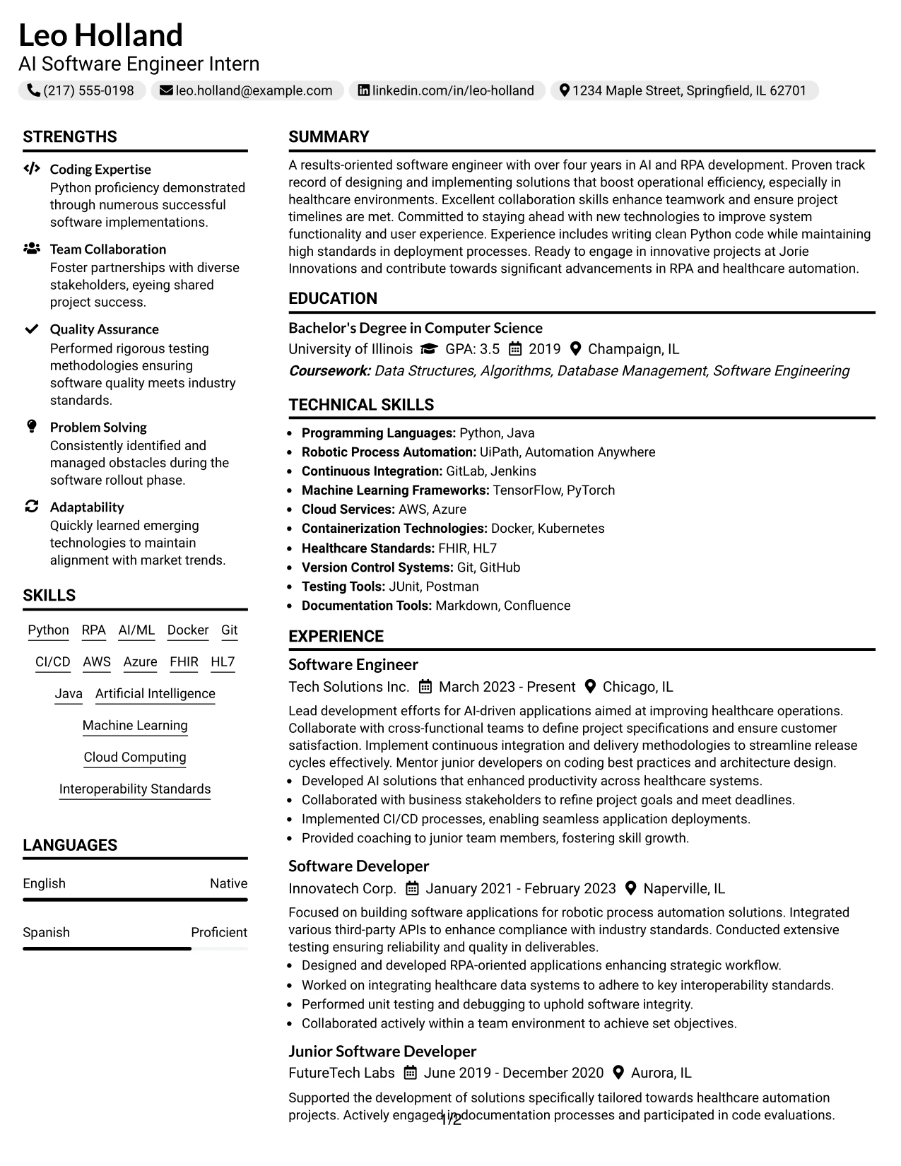 Resume Example Page 1