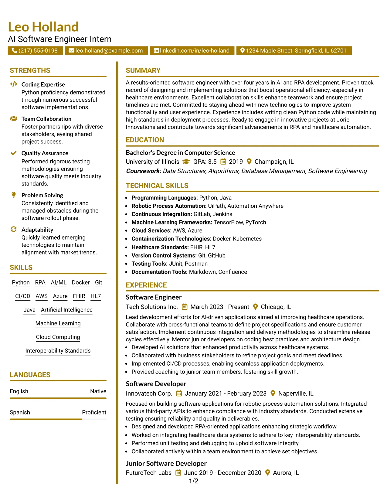 Resume Example Page 1
