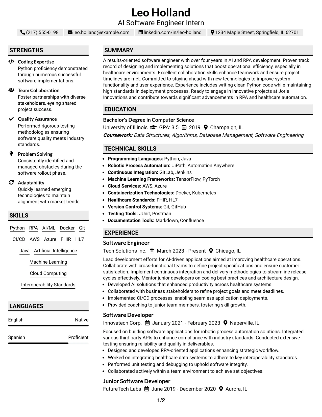 Resume Example Page 1