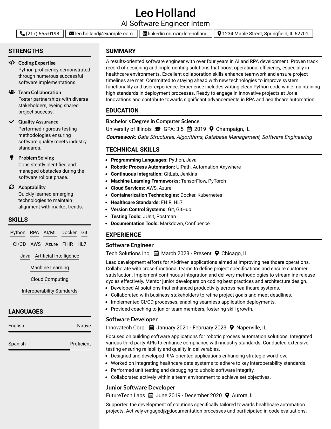 Resume Example Page 1