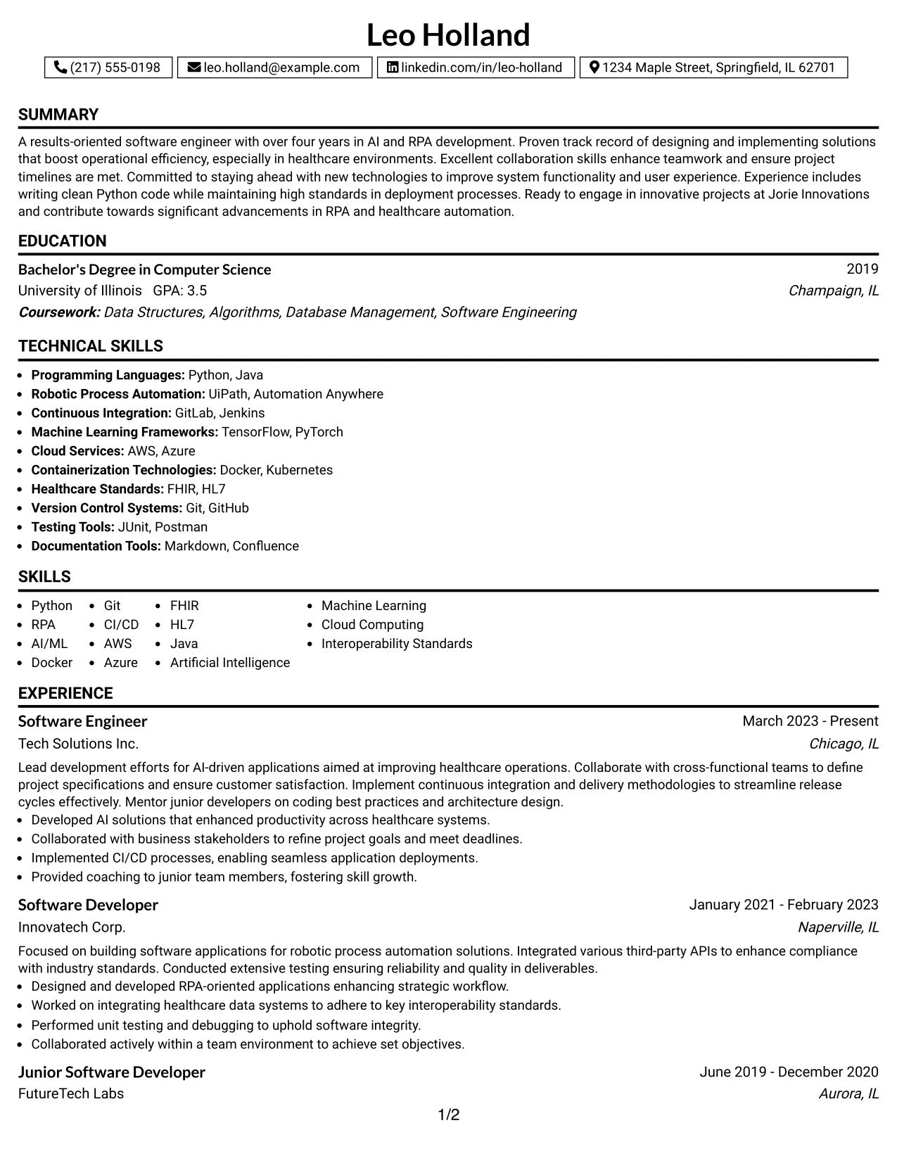 Resume Example Page 1