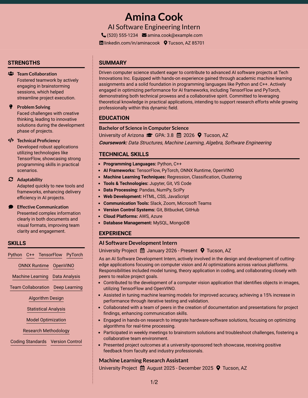 Resume Example Page 1