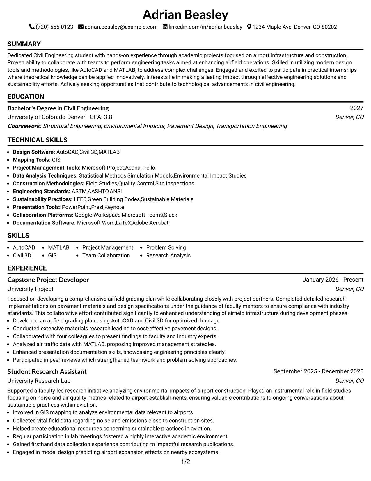Resume Example Page 1