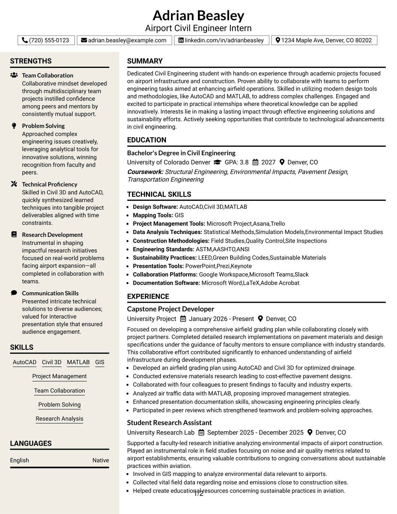 Resume Example Page 1