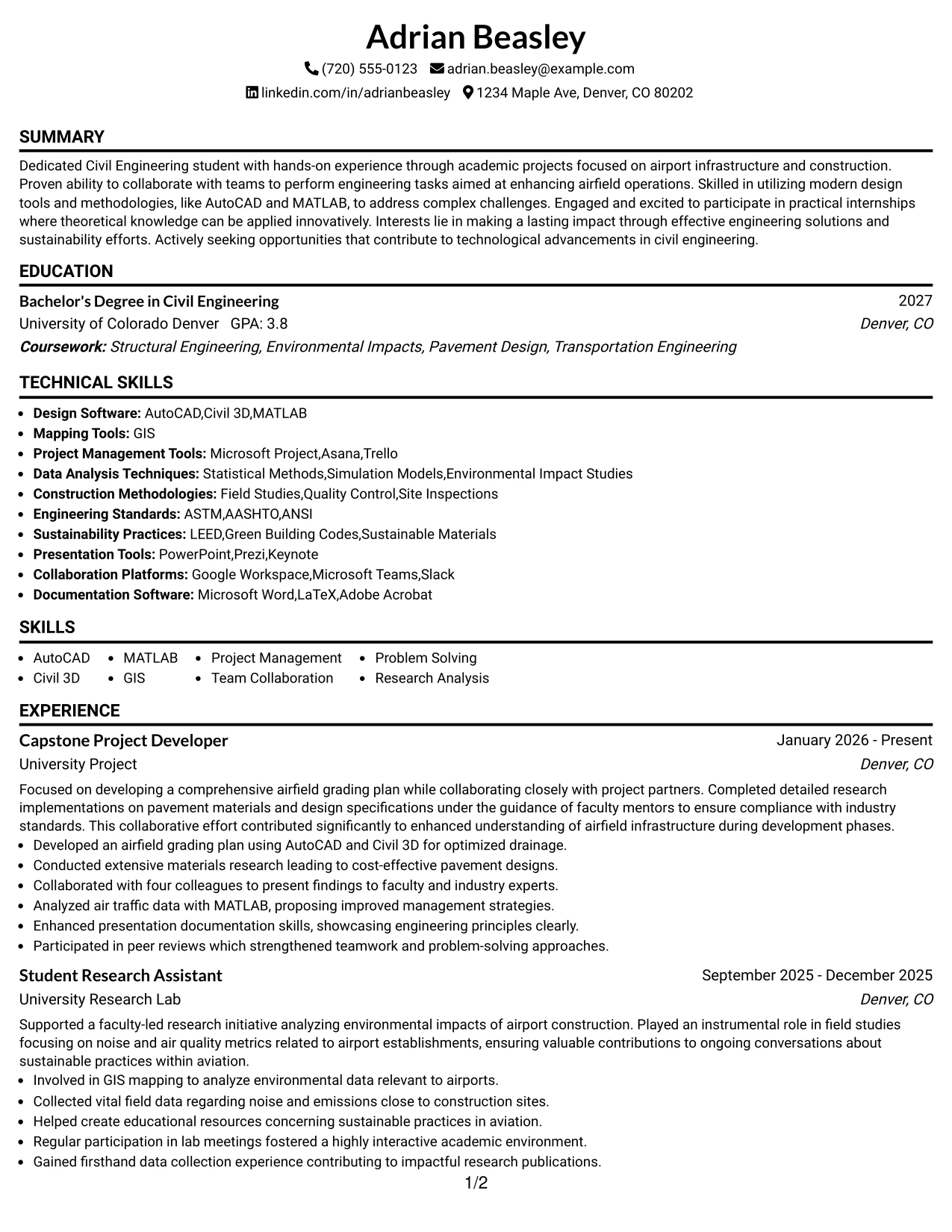 Resume Example Page 1