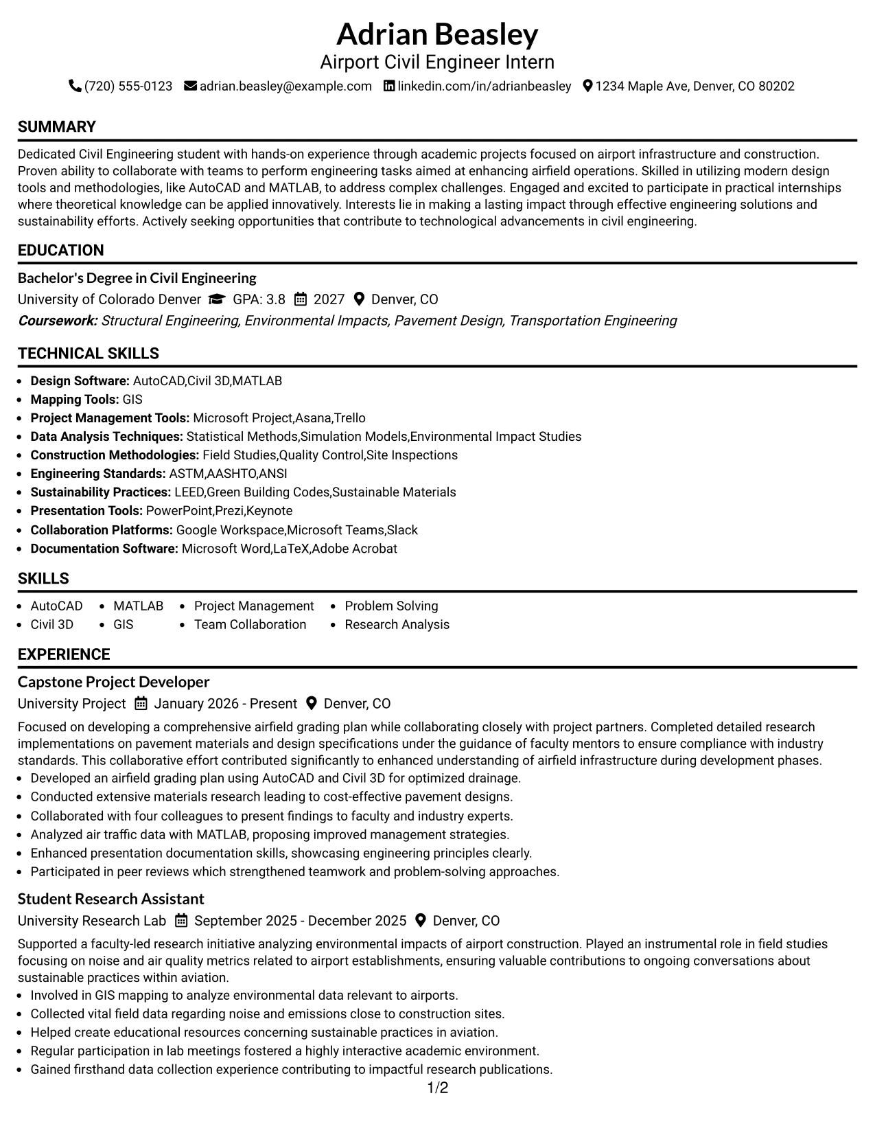 Resume Example Page 1