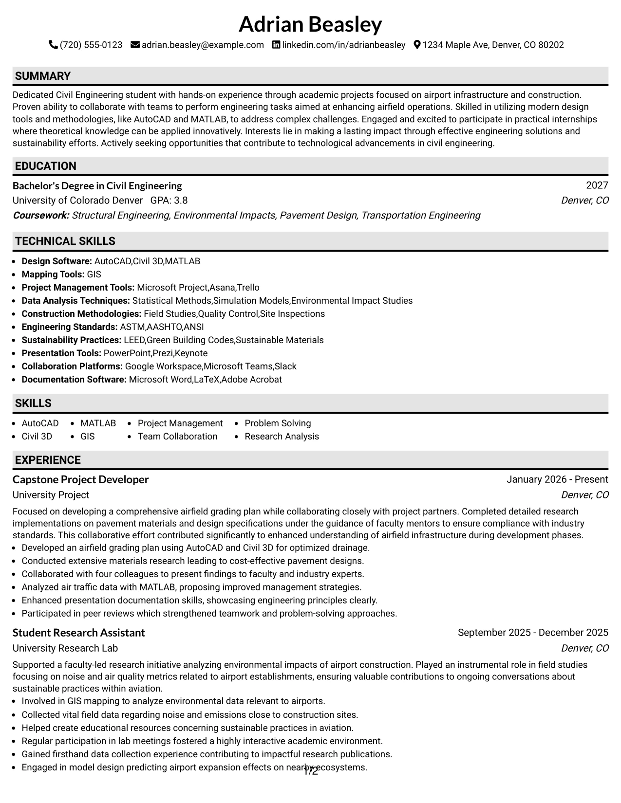 Resume Example Page 1