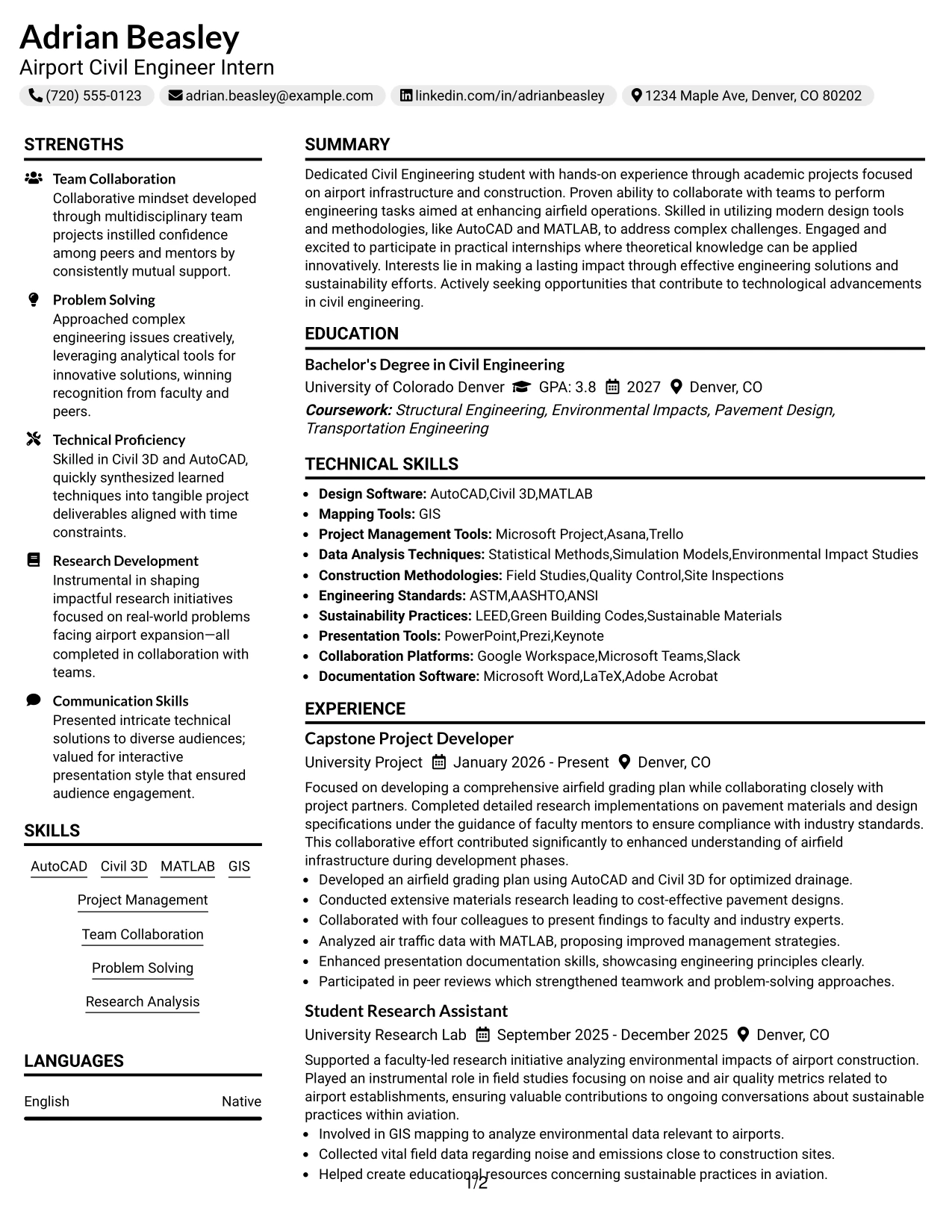 Resume Example Page 1