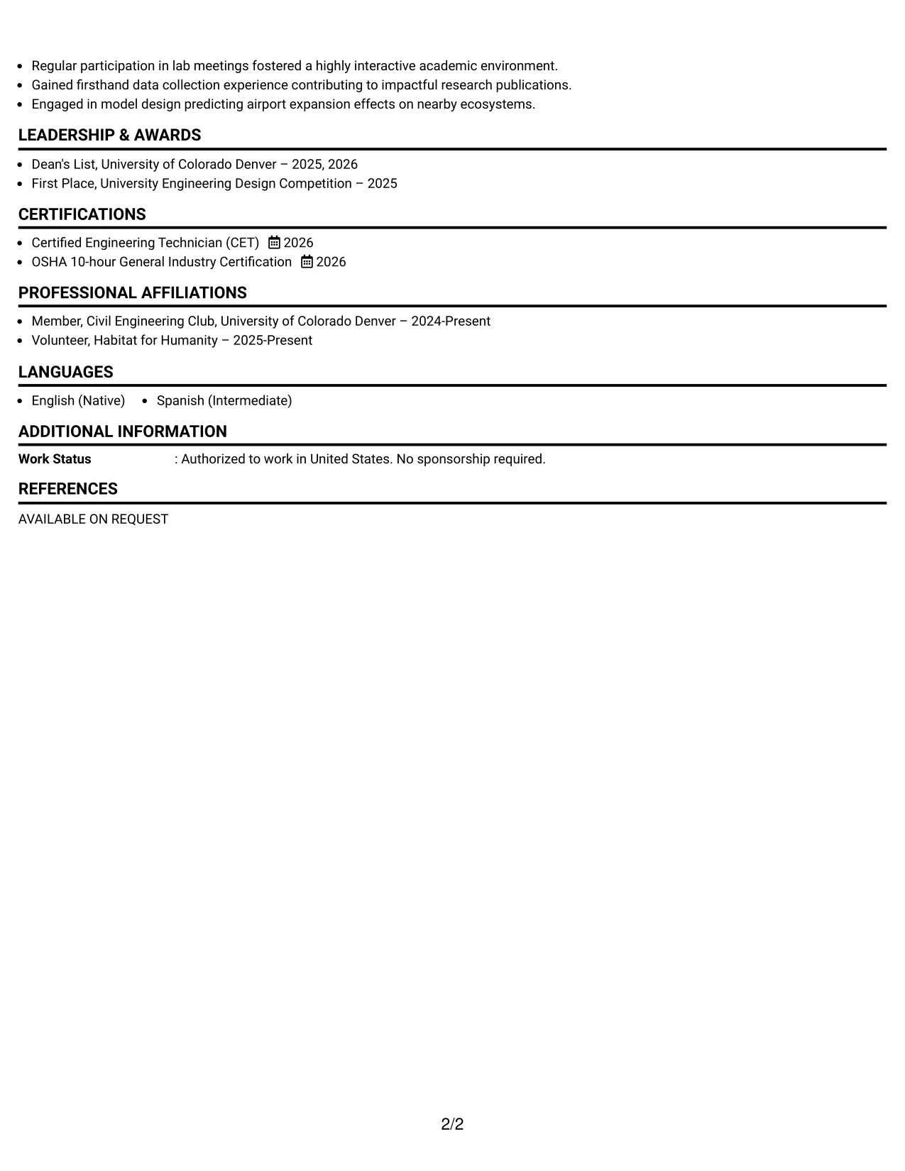 Resume Example Page 2