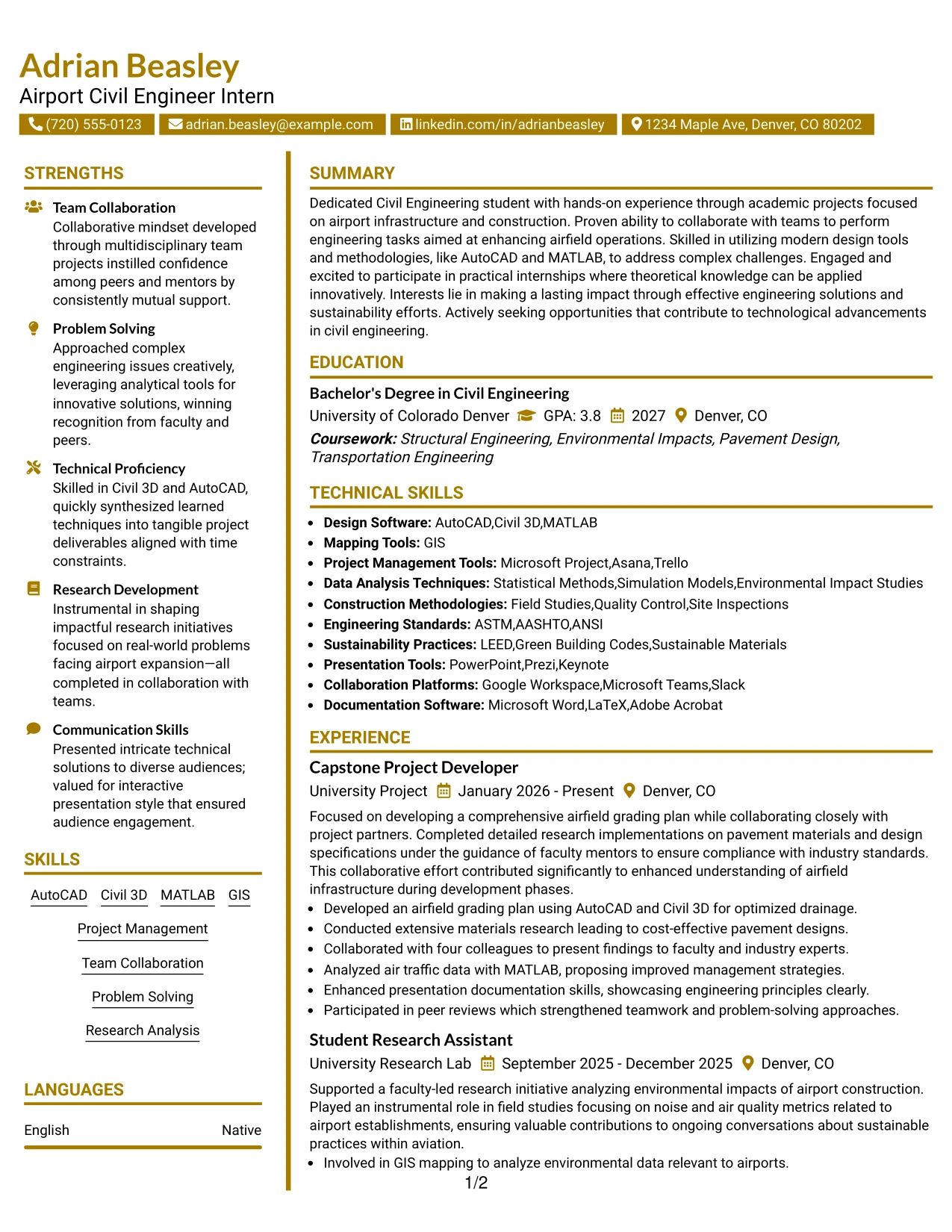 Resume Example Page 1