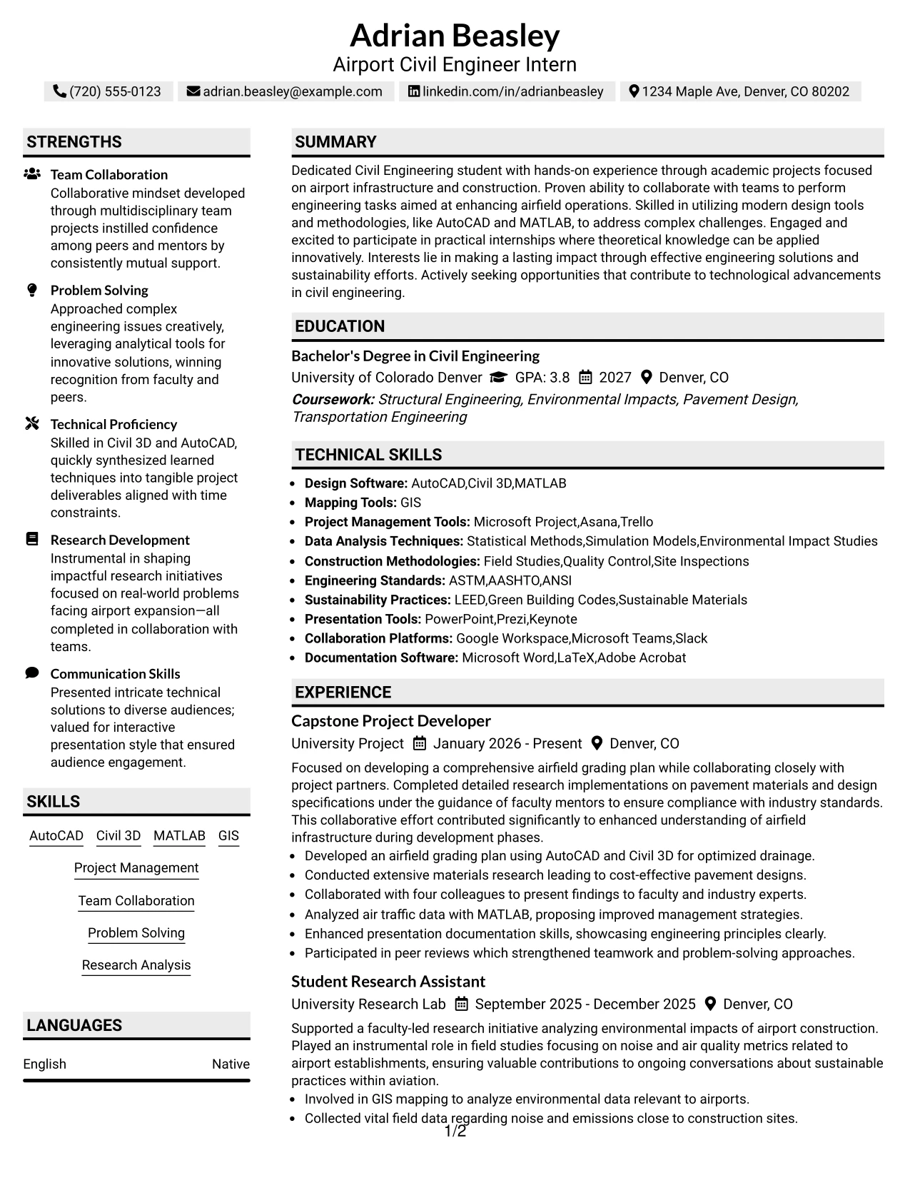 Resume Example Page 1