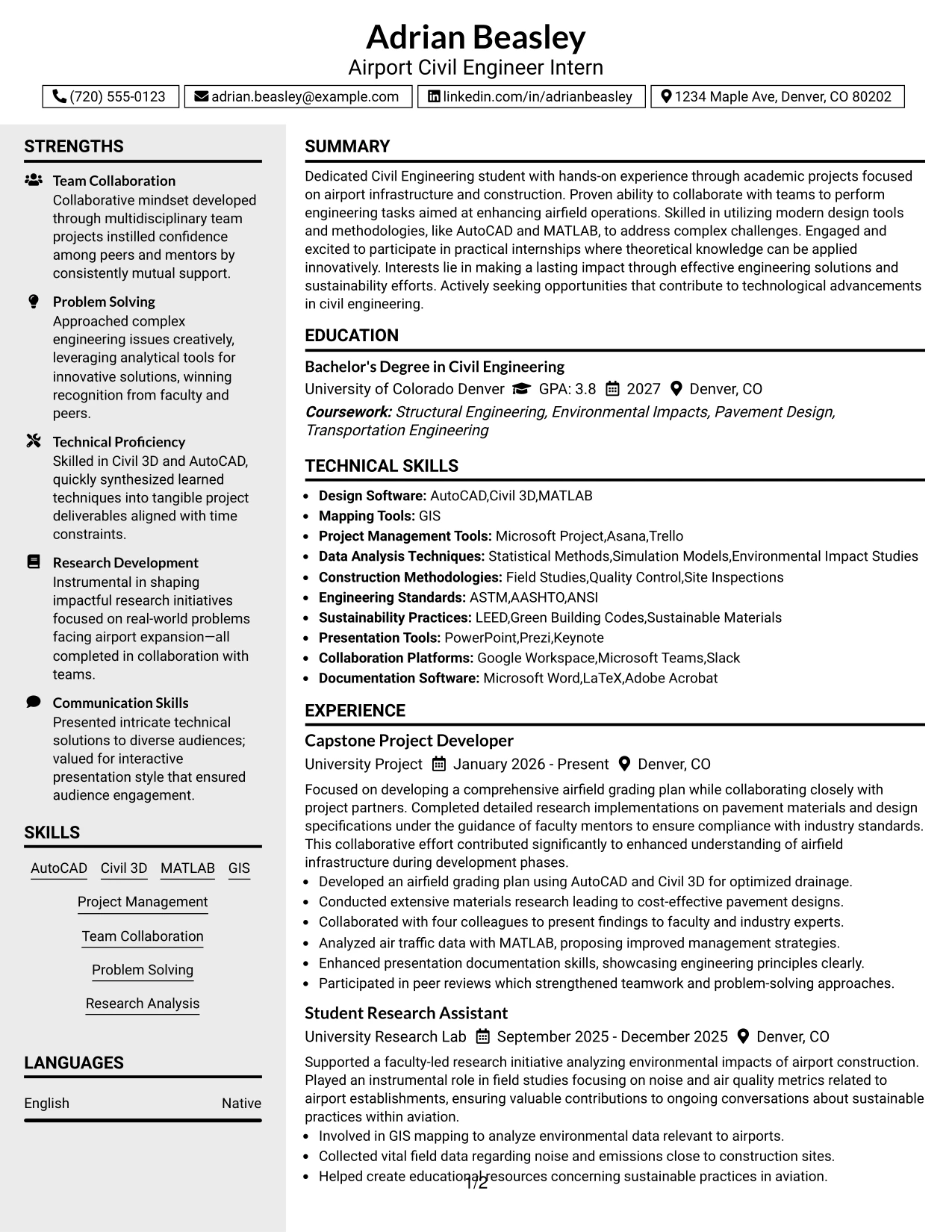 Resume Example Page 1