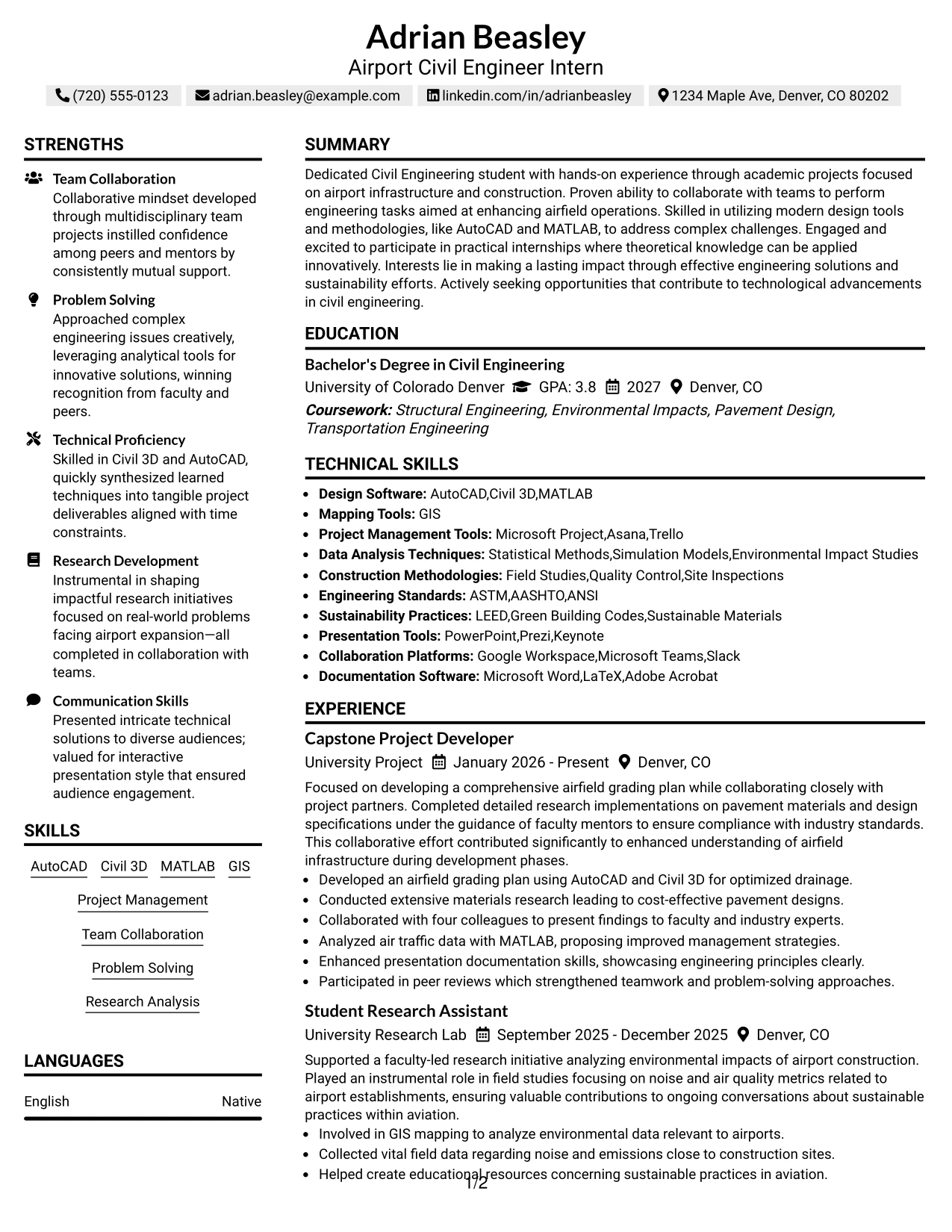 Resume Example Page 1