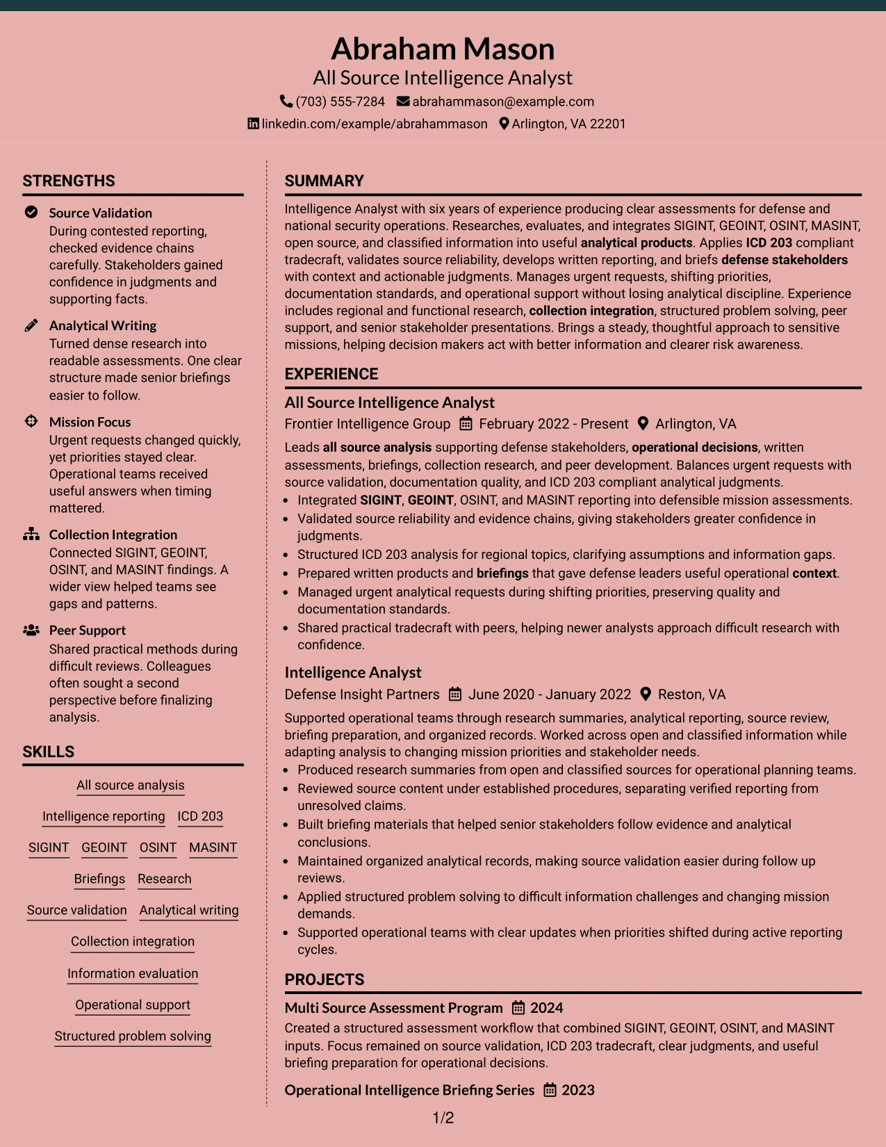 Resume Example Page 1