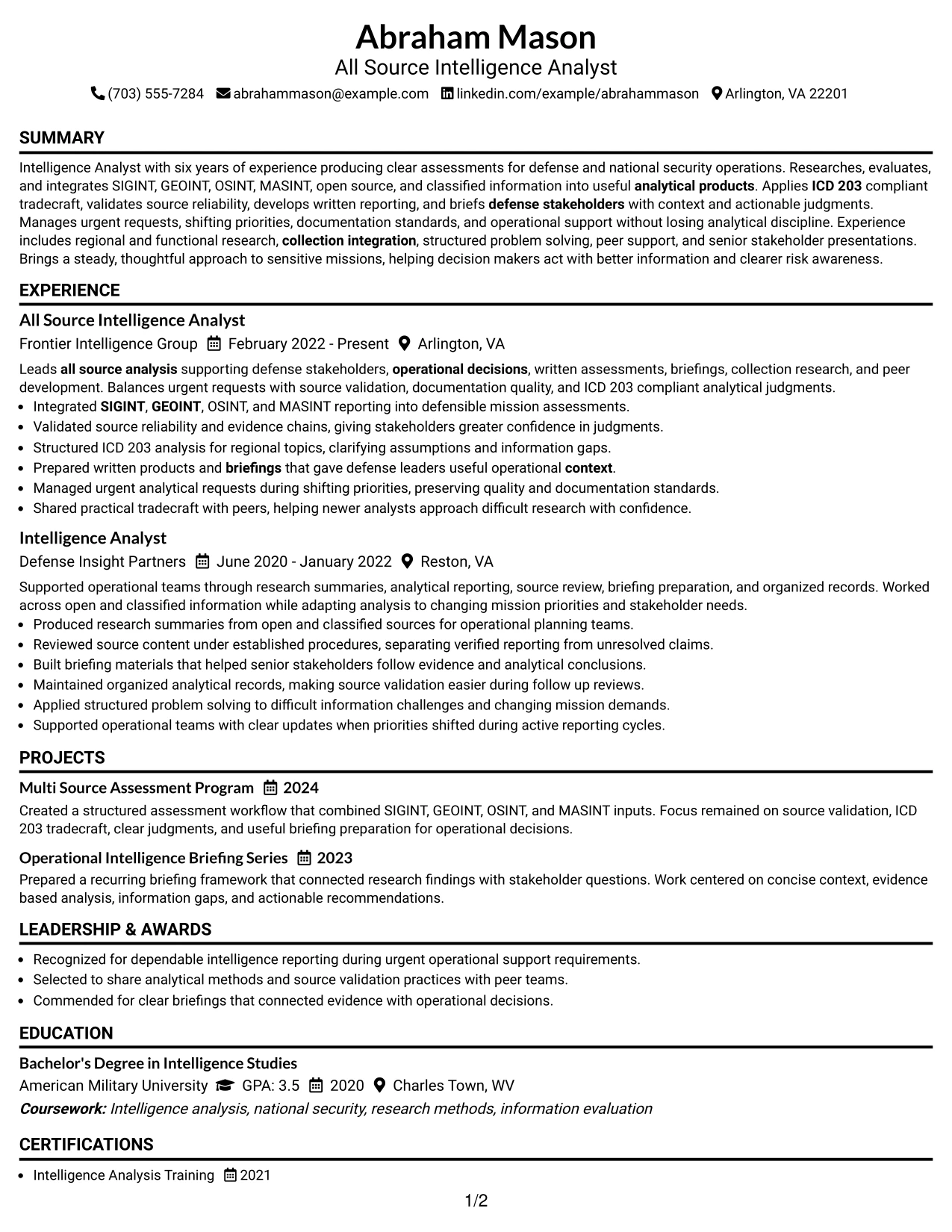 Resume Example Page 1