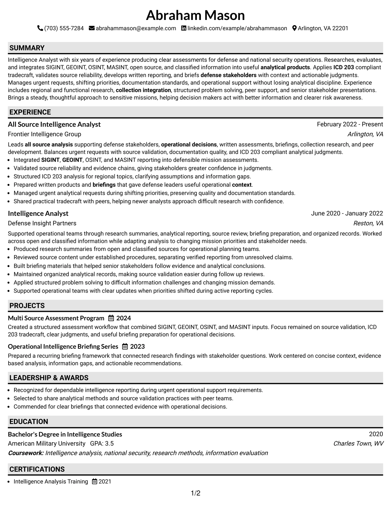Resume Example Page 1