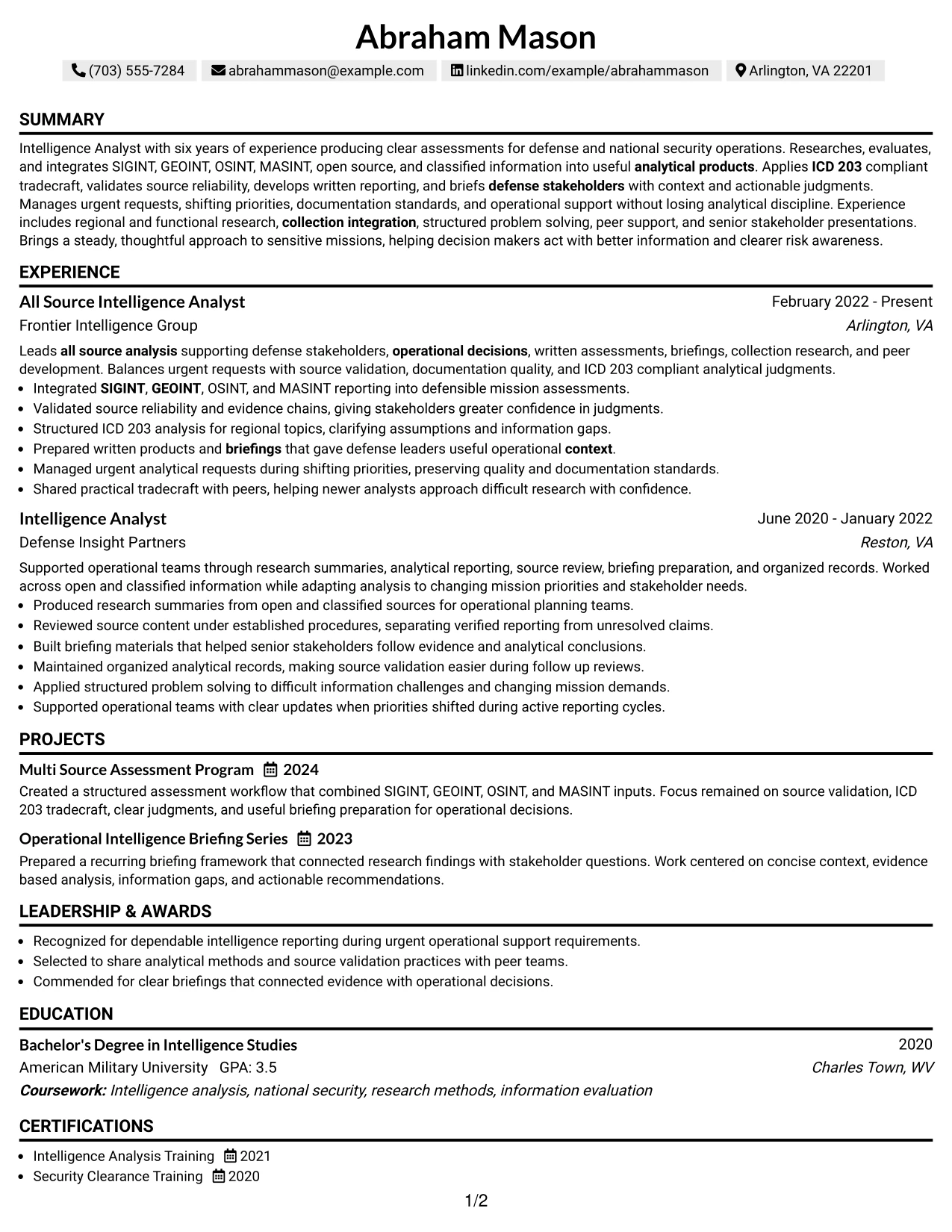Resume Example Page 1
