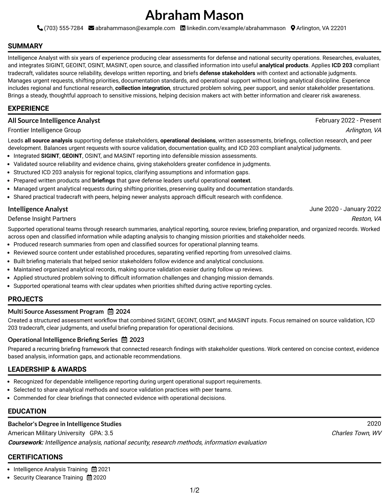 Resume Example Page 1