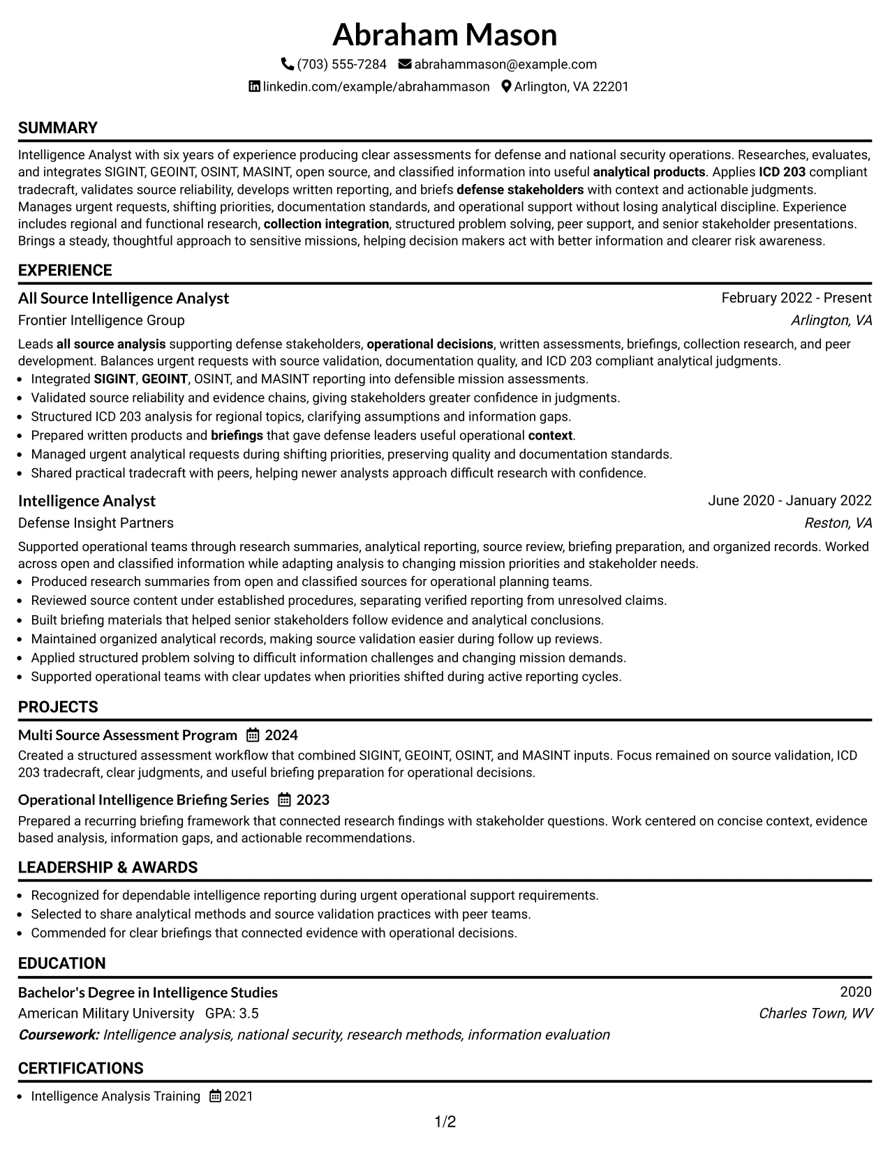 Resume Example Page 1