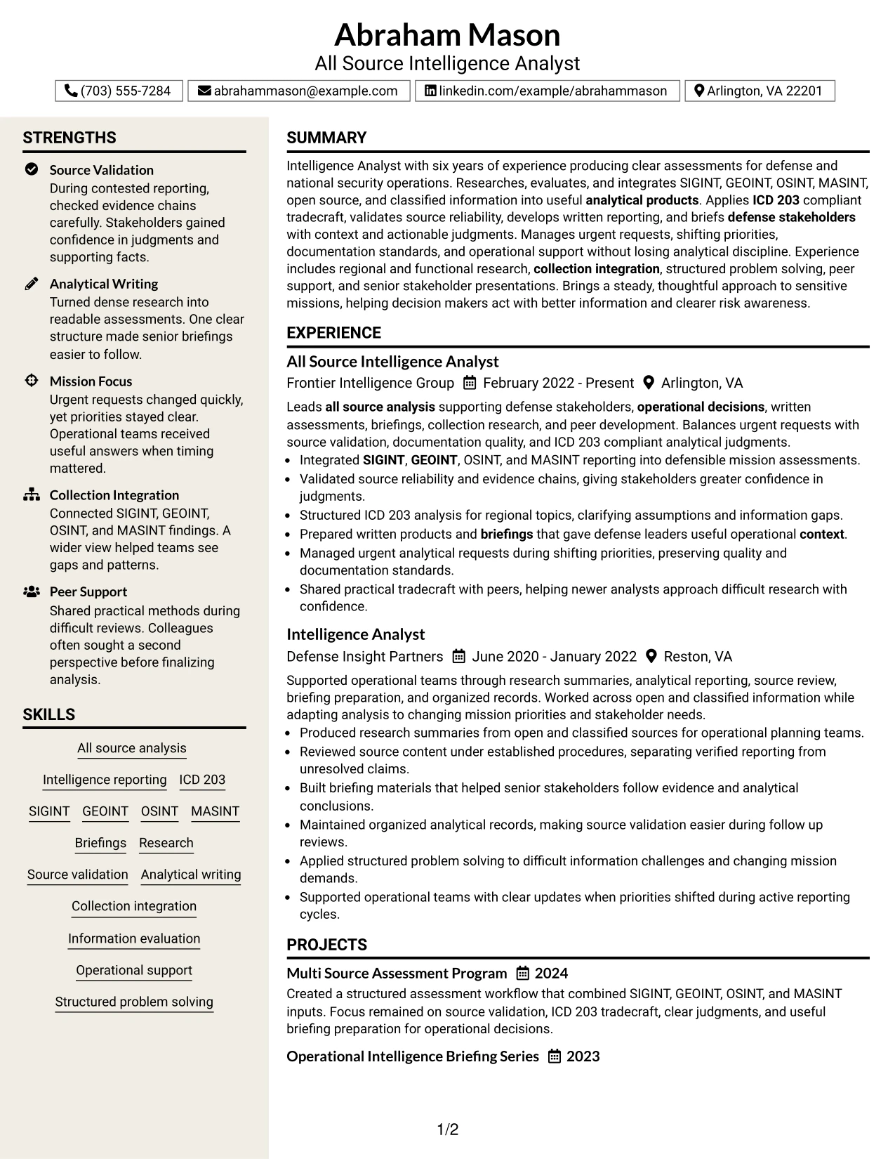 Resume Example Page 1