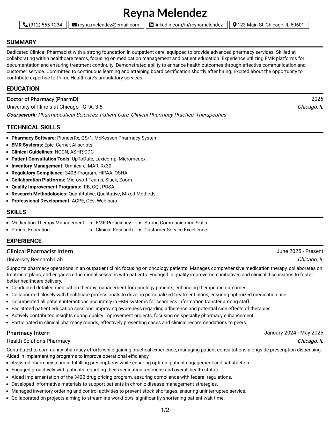 Resume Example Page 1