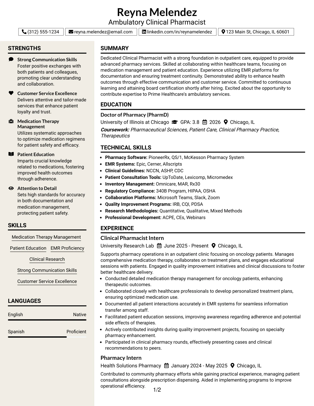 Resume Example Page 1