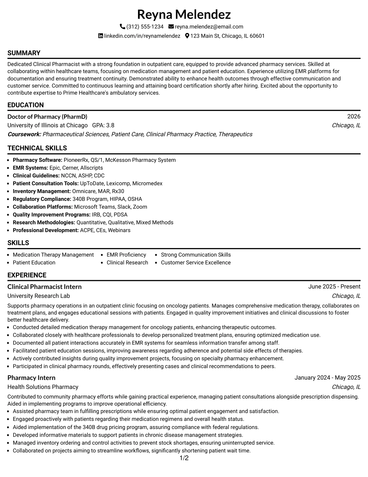 Resume Example Page 1