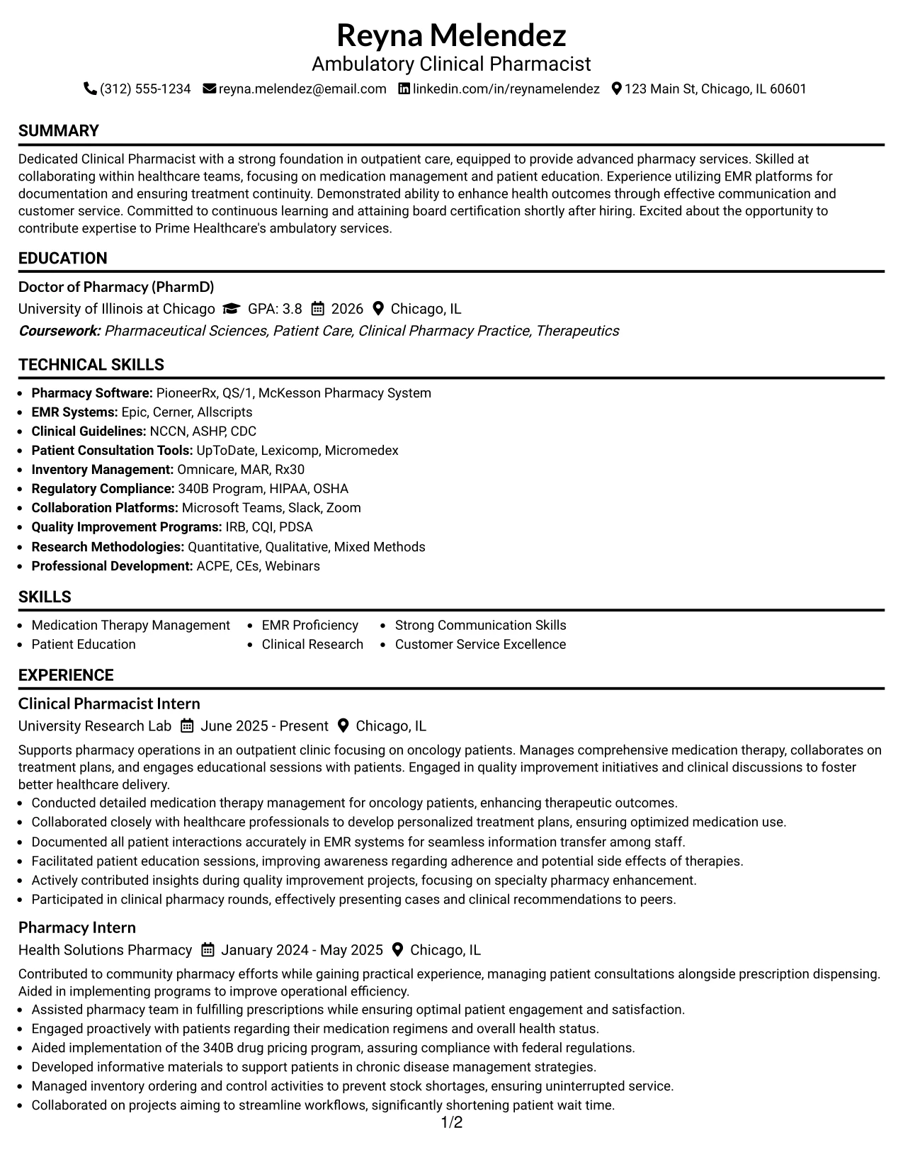 Resume Example Page 1