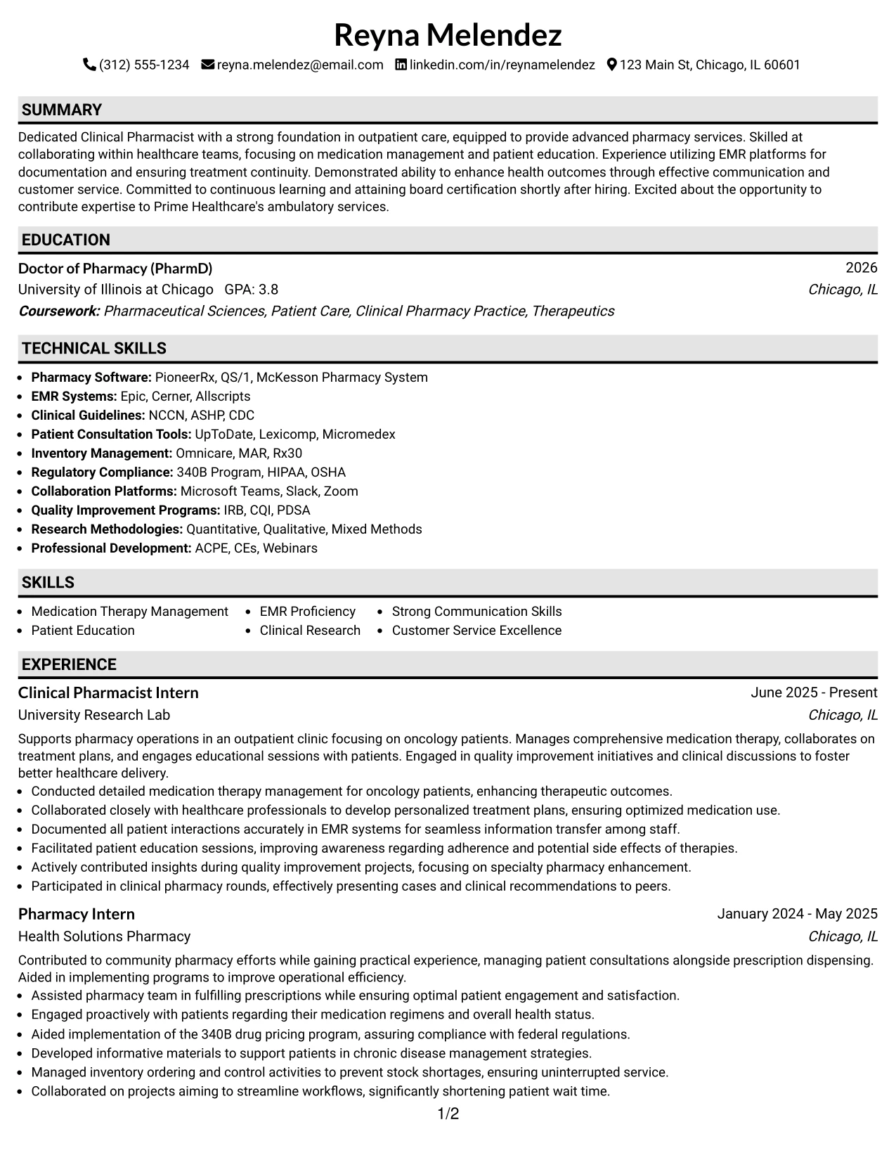 Resume Example Page 1