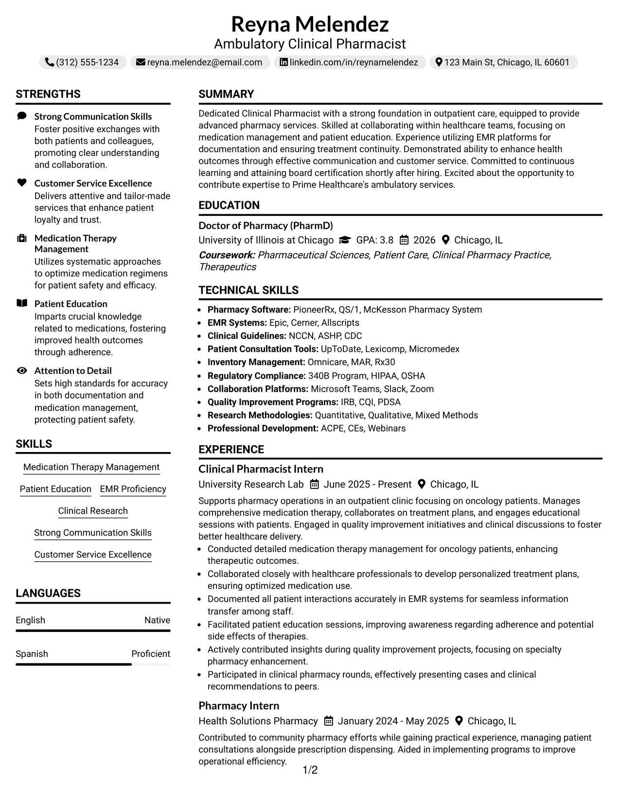 Resume Example Page 1