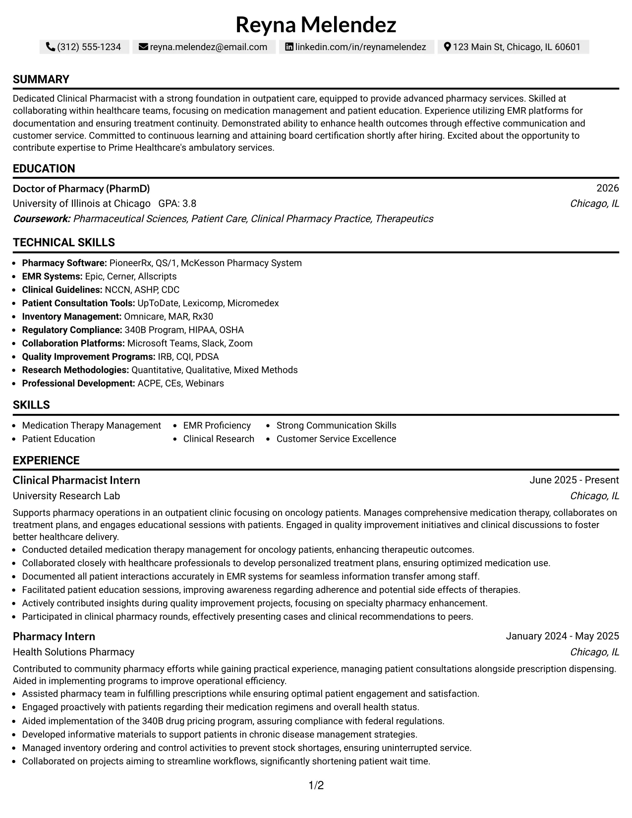 Resume Example Page 1