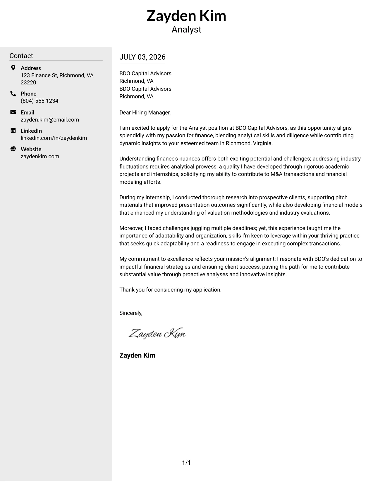 Resume Example Page 1