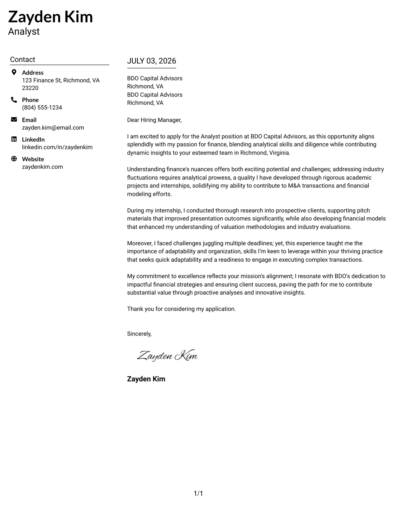 Resume Example Page 1