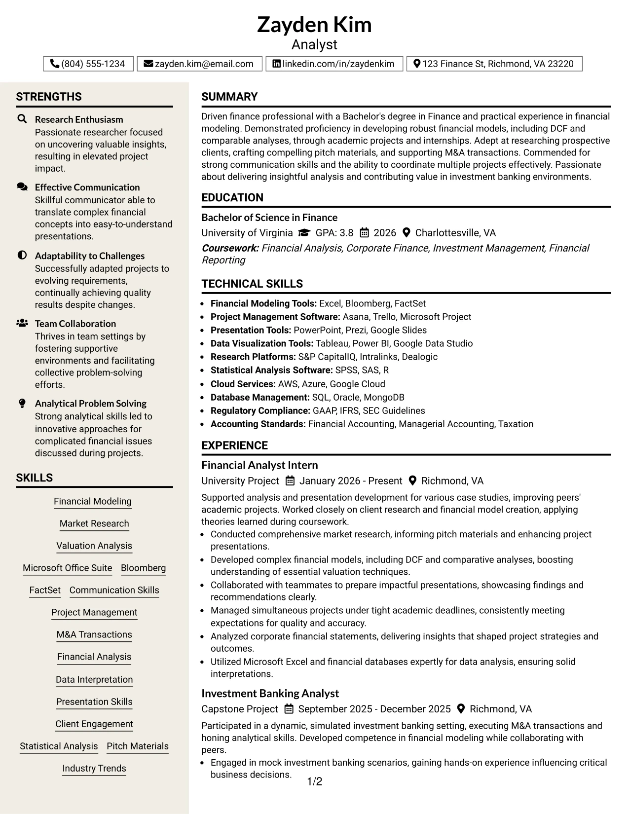 Resume Example Page 1