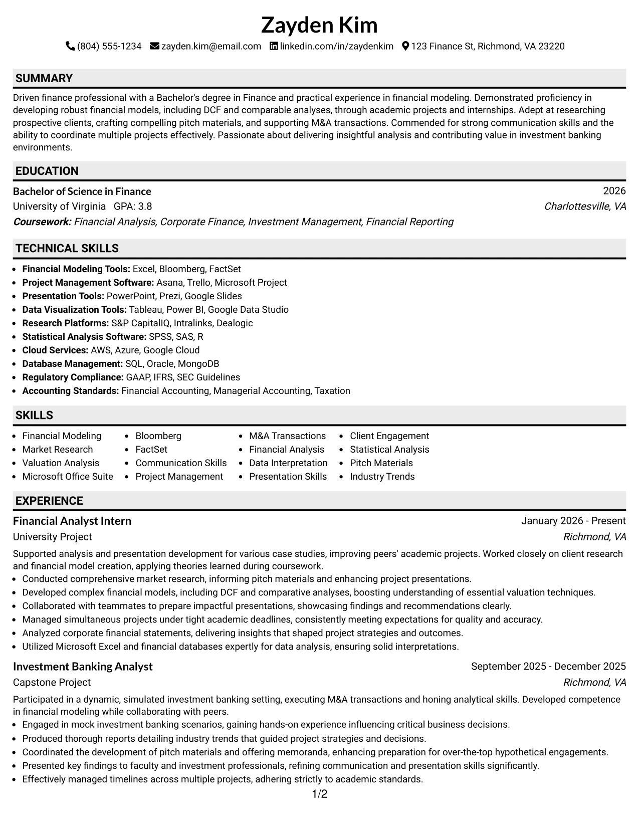 Resume Example Page 1