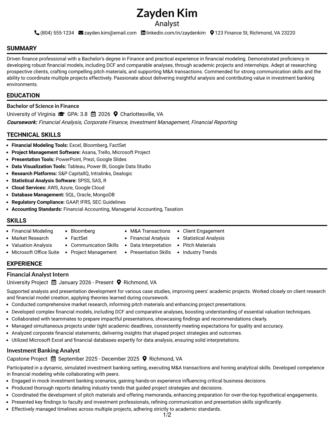 Resume Example Page 1