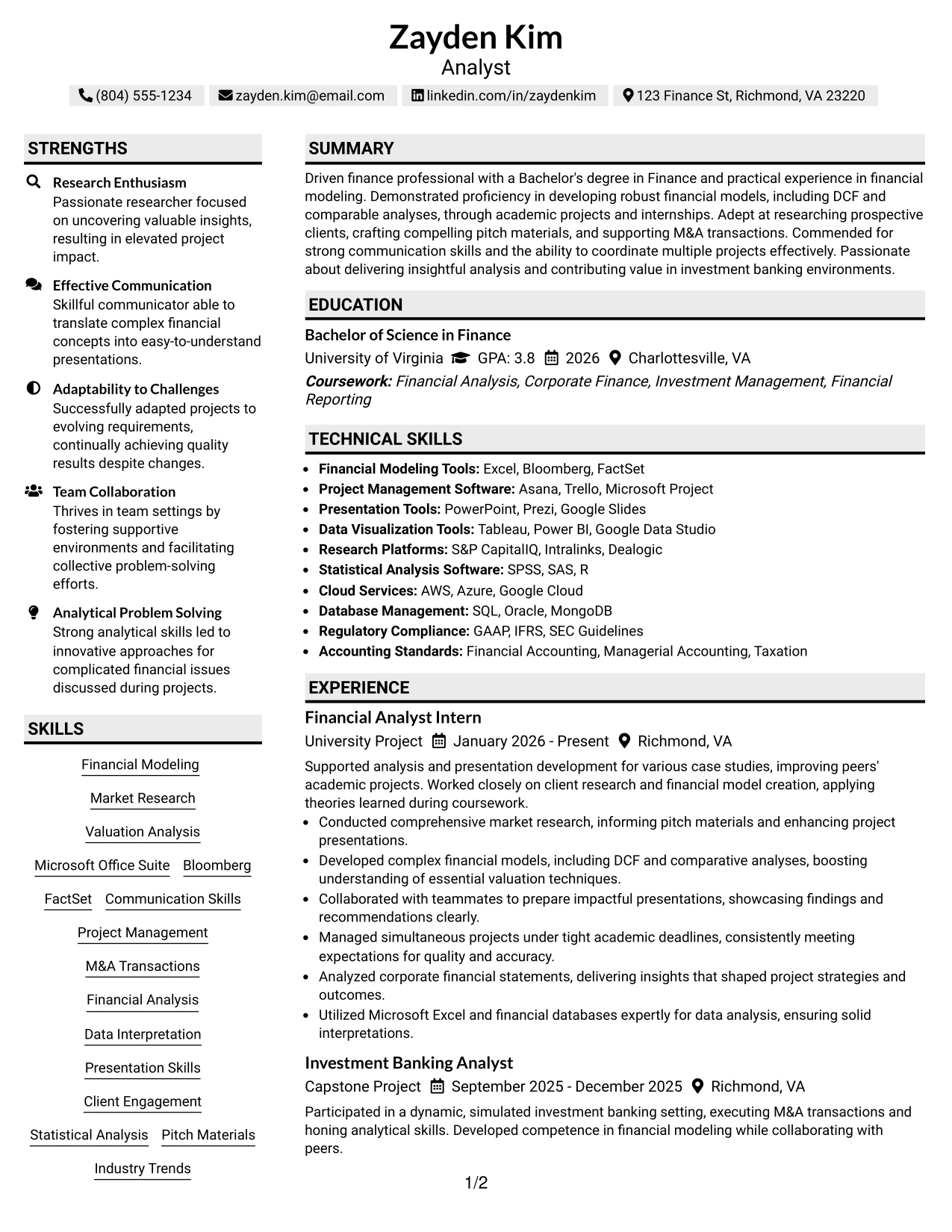Resume Example Page 1