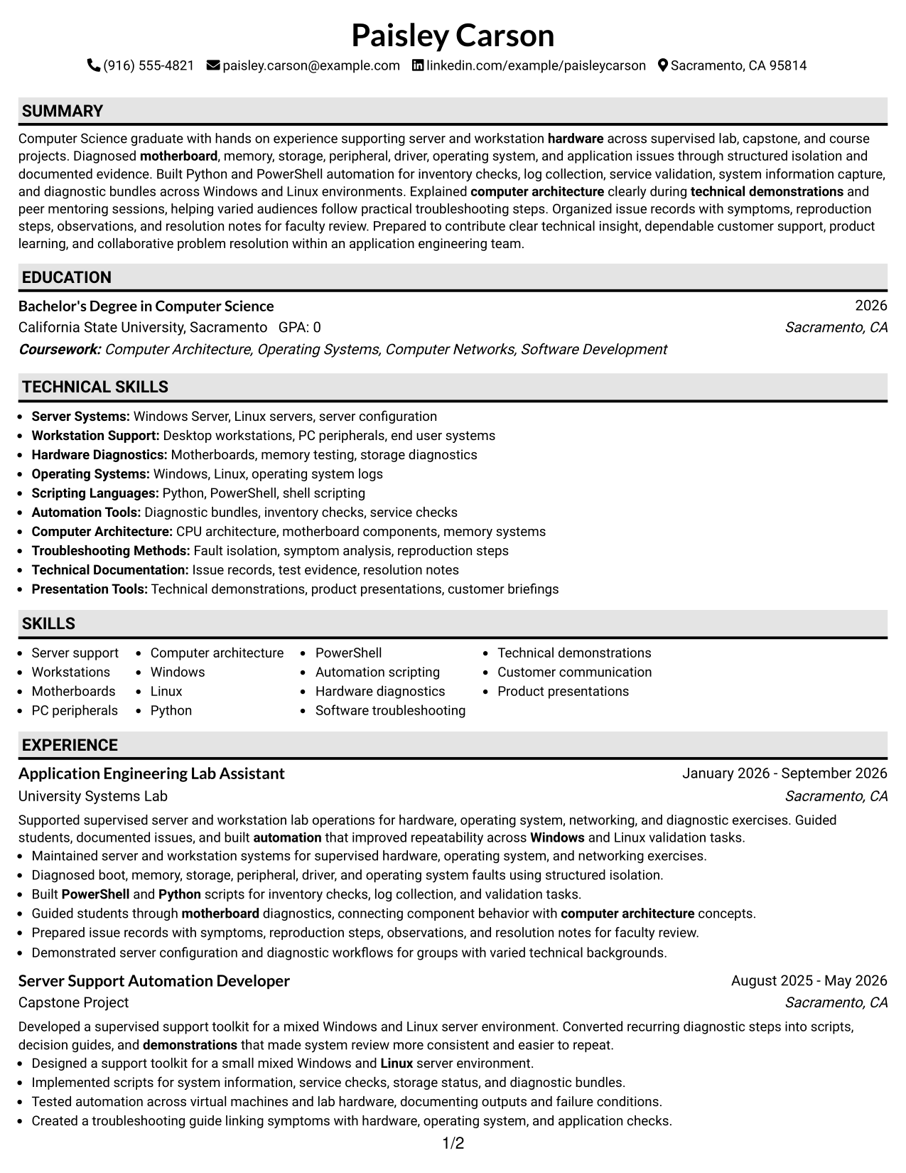 Resume Example Page 1